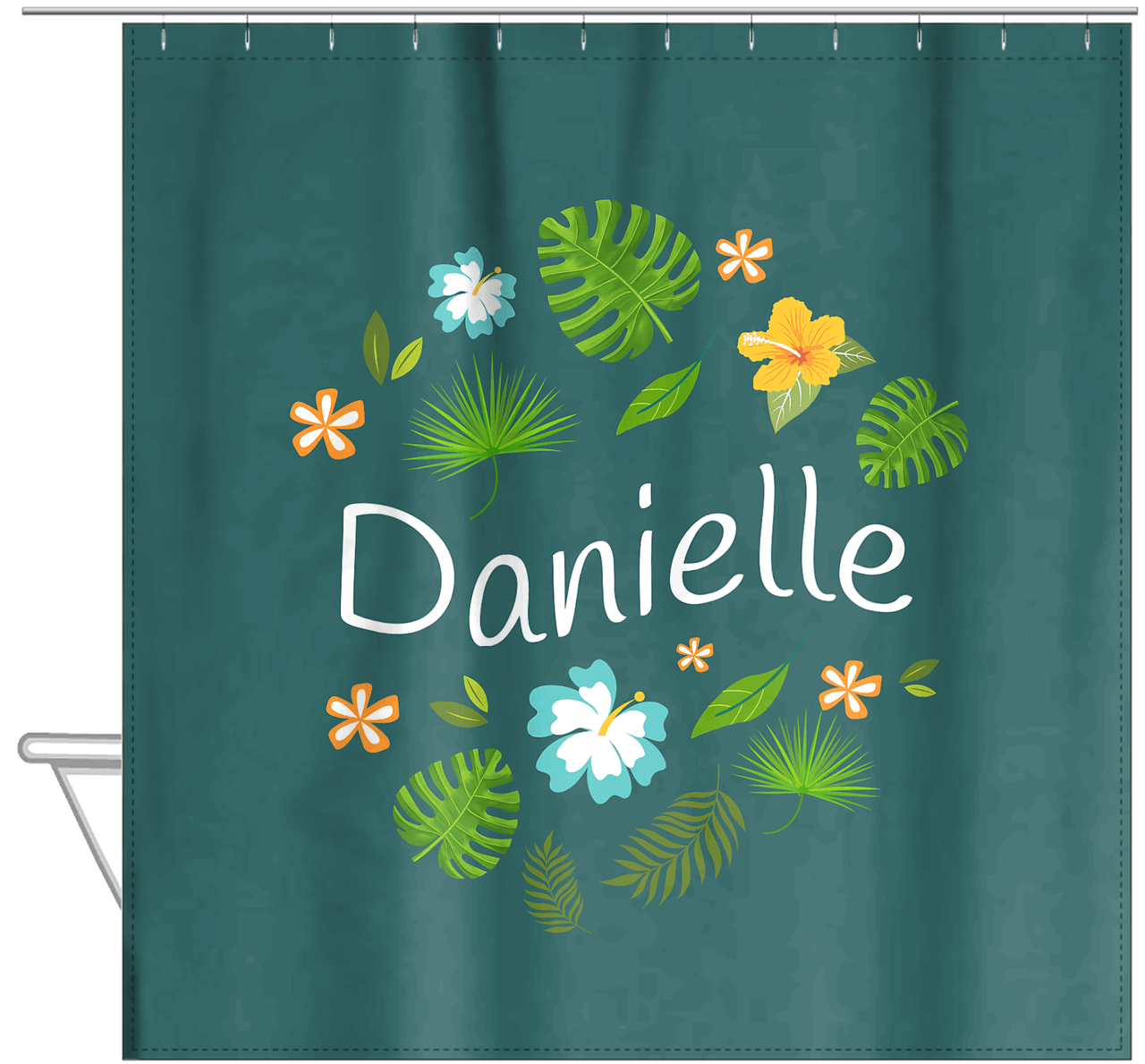 Personalized Palm Fronds Shower Curtain - Wavy Text - Hanging View