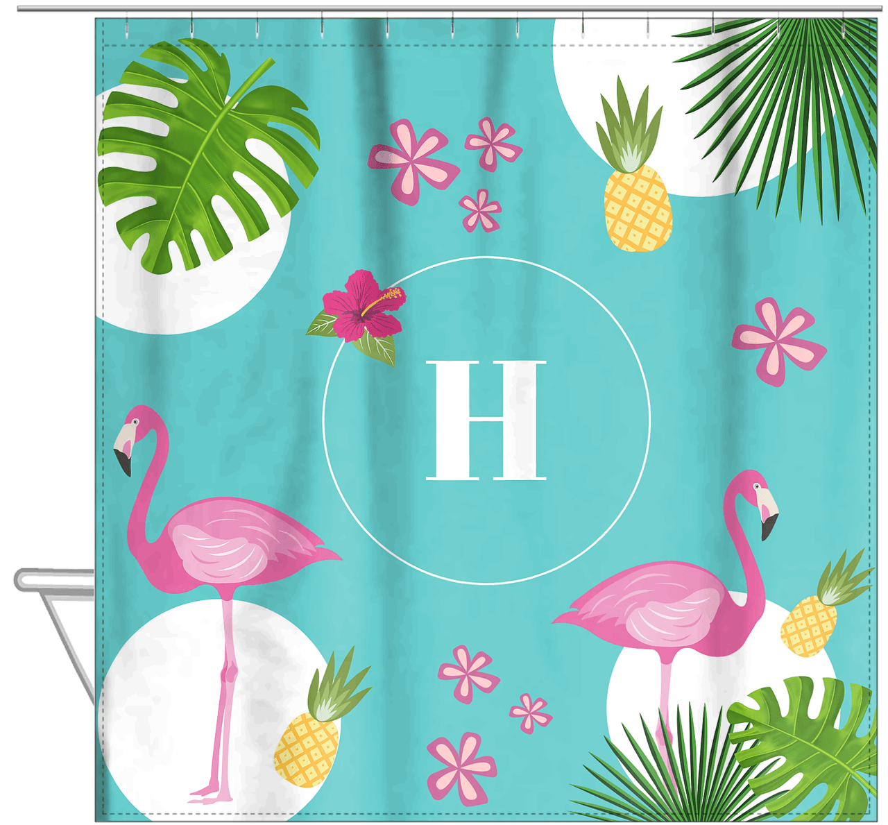 Personalized Palm Fronds Shower Curtain - Flamingos - Hanging View