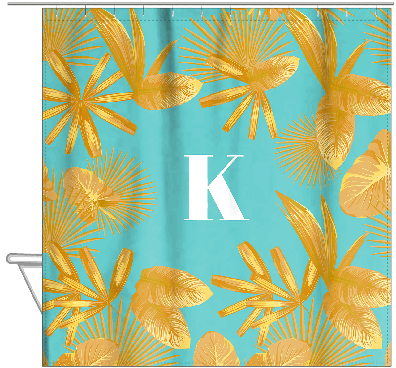 Personalized Palm Fronds Shower Curtain - Teal Background - Hanging View