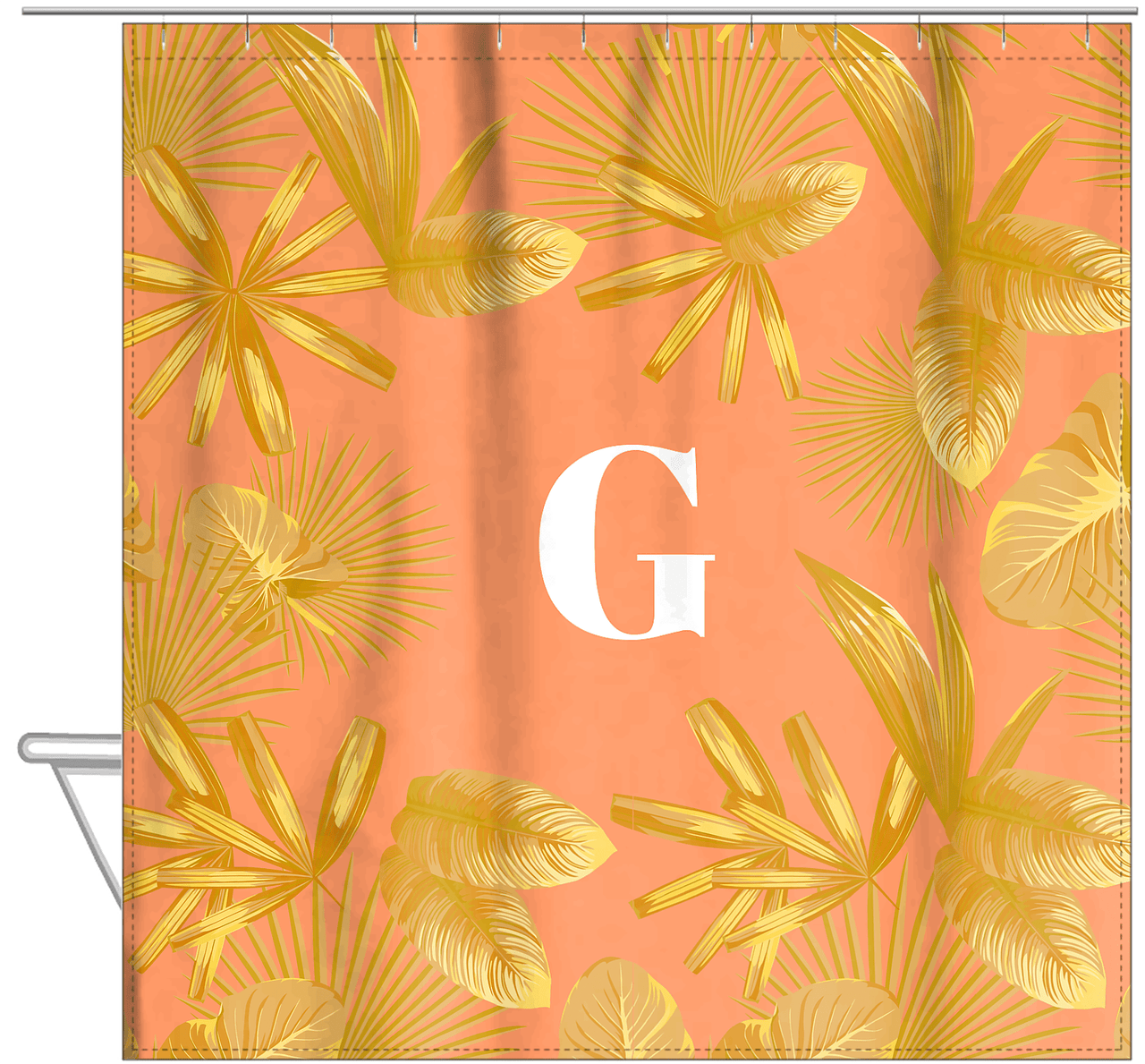 Personalized Palm Fronds Shower Curtain - Orange Background - Hanging View