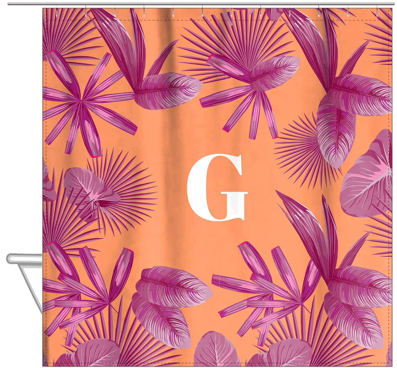 Personalized Palm Fronds Shower Curtain - Orange Background - Hanging View