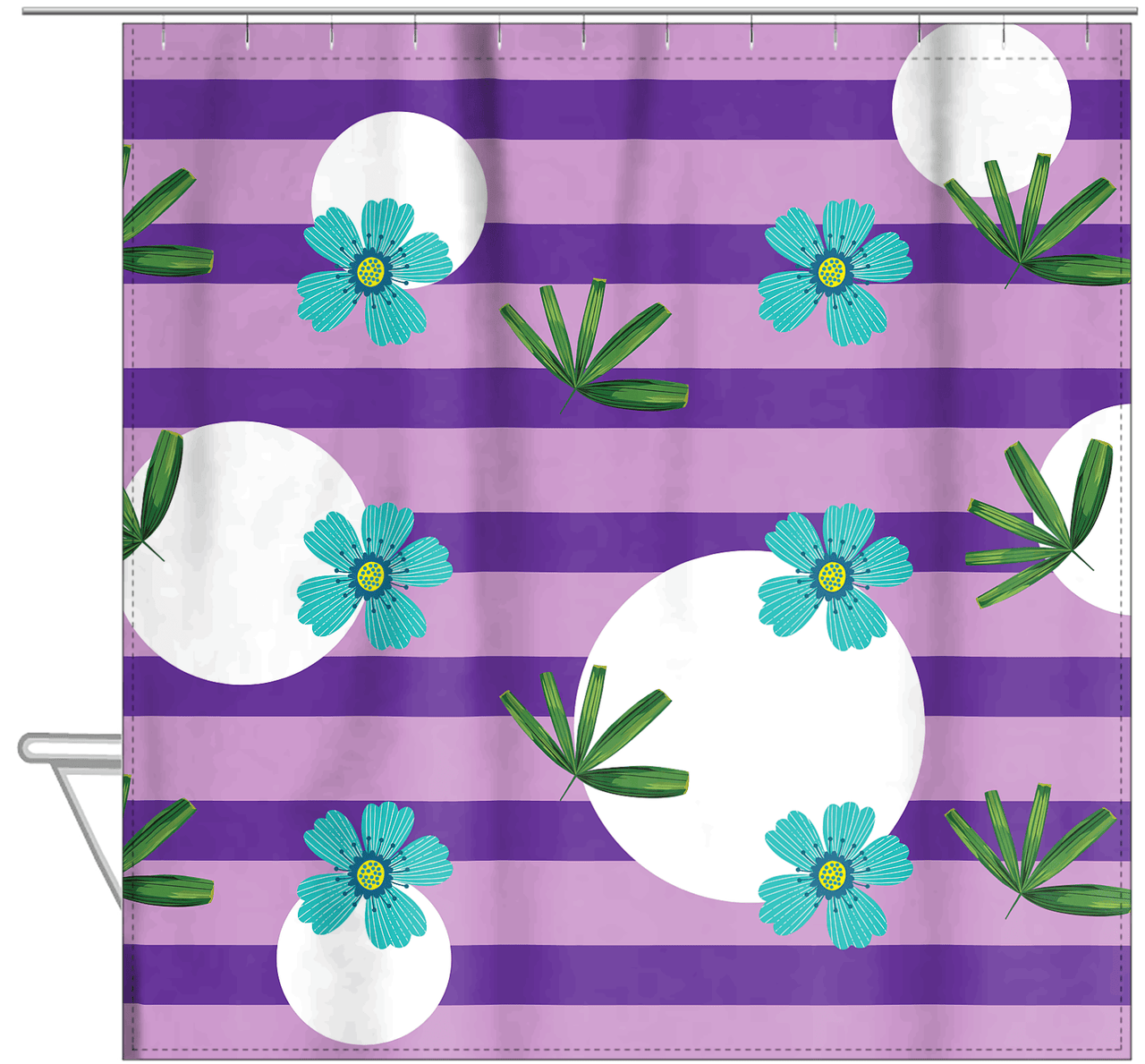 Palm Fronds Shower Curtain - Purple Stripes - Hanging View