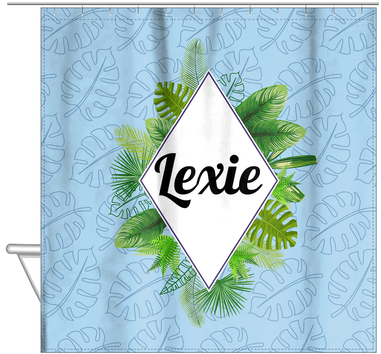 Personalized Palm Fronds Shower Curtain - Diamond Wreath - Hanging View