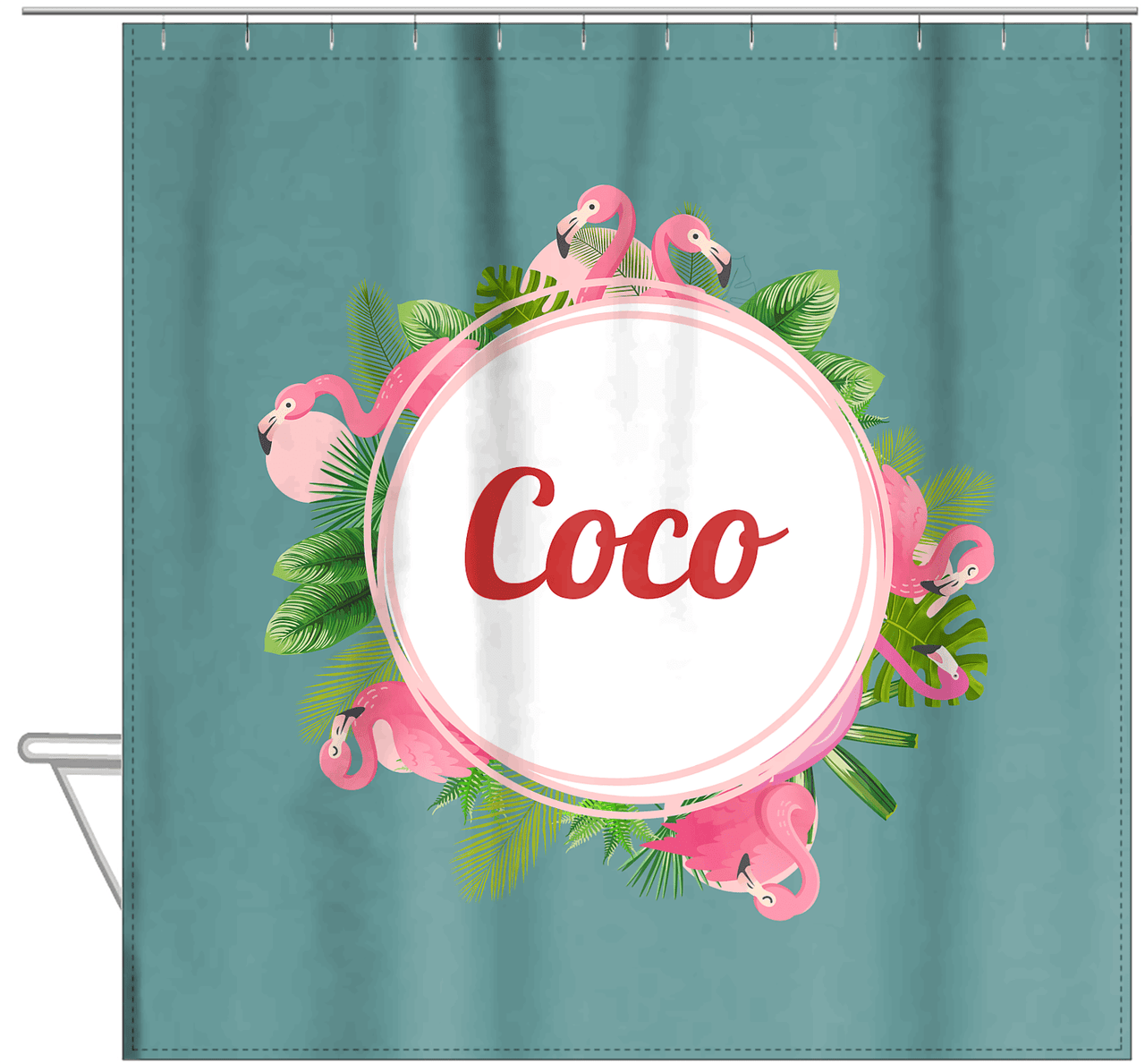 Personalized Palm Fronds Shower Curtain - Flamingos - Hanging View