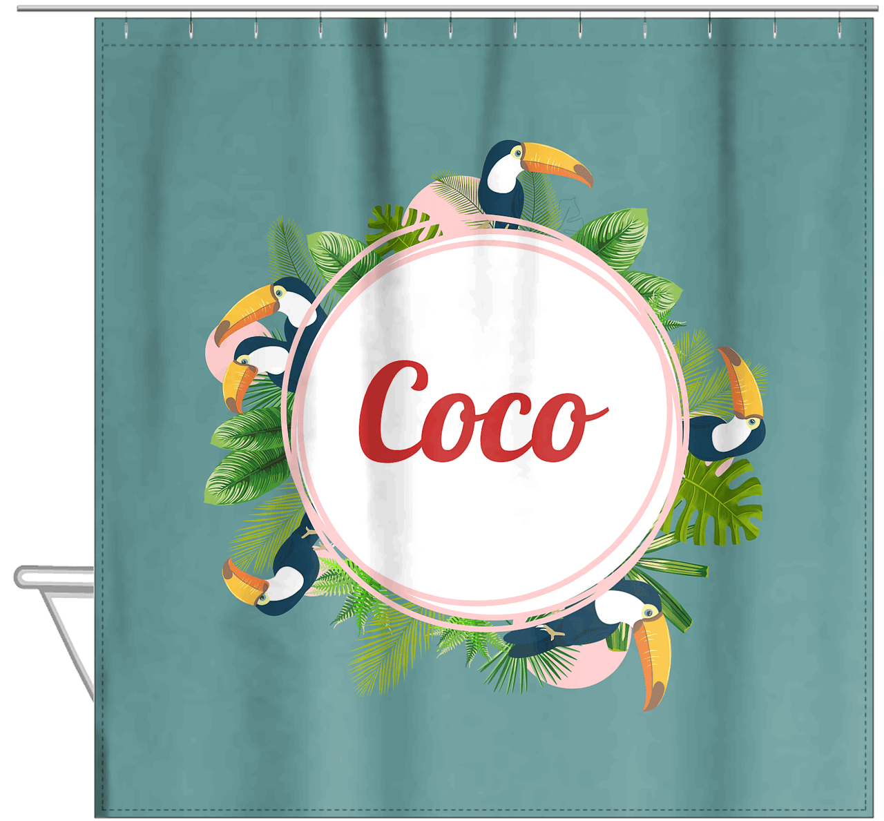 Personalized Palm Fronds Shower Curtain - Toucans - Hanging View
