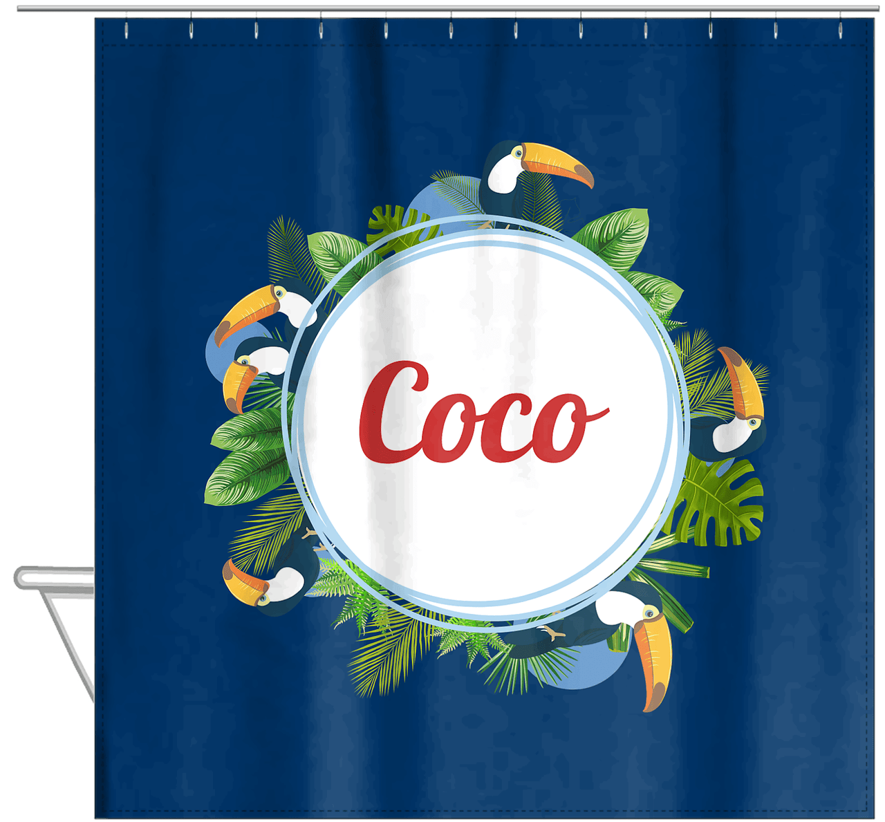 Personalized Palm Fronds Shower Curtain - Toucans - Hanging View