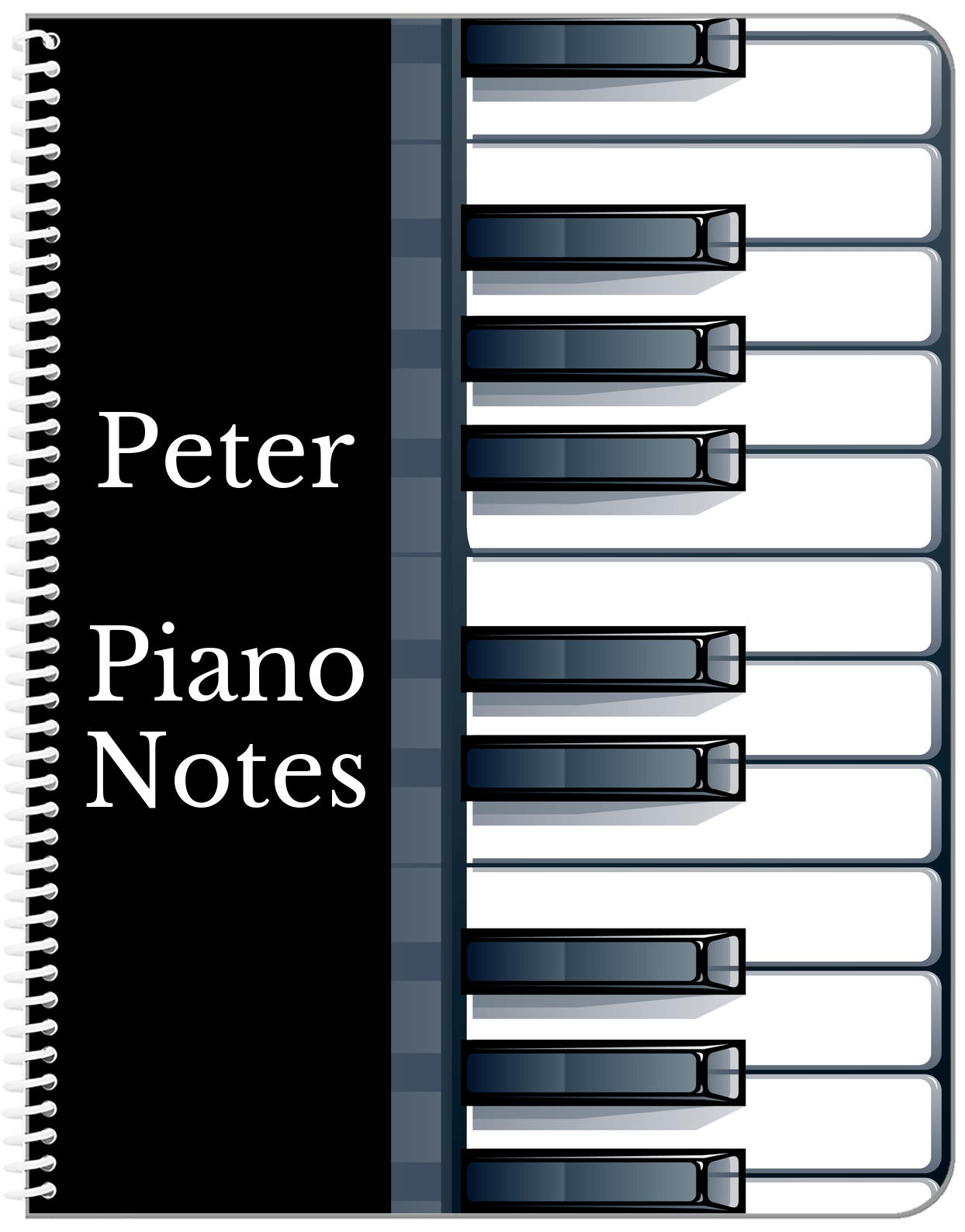 Personalized Piano Keys Notebook - Black Background II - Front View