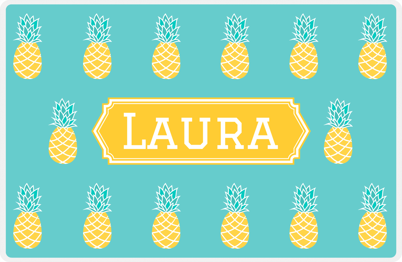 Personalized Pineapple Placemat - Teal Background - Decorative Rectangle Nameplate -  View