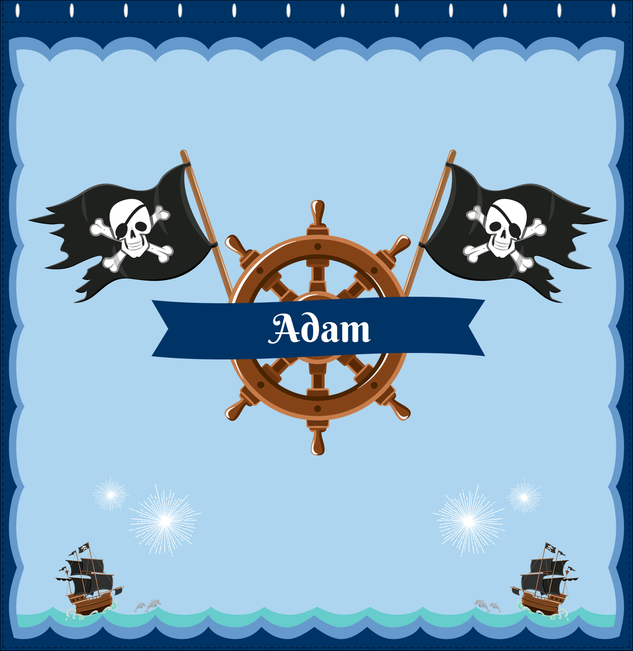 Personalized Pirate Shower Curtain XXVI - Ocean Ships - Blue Banner - Decorate View