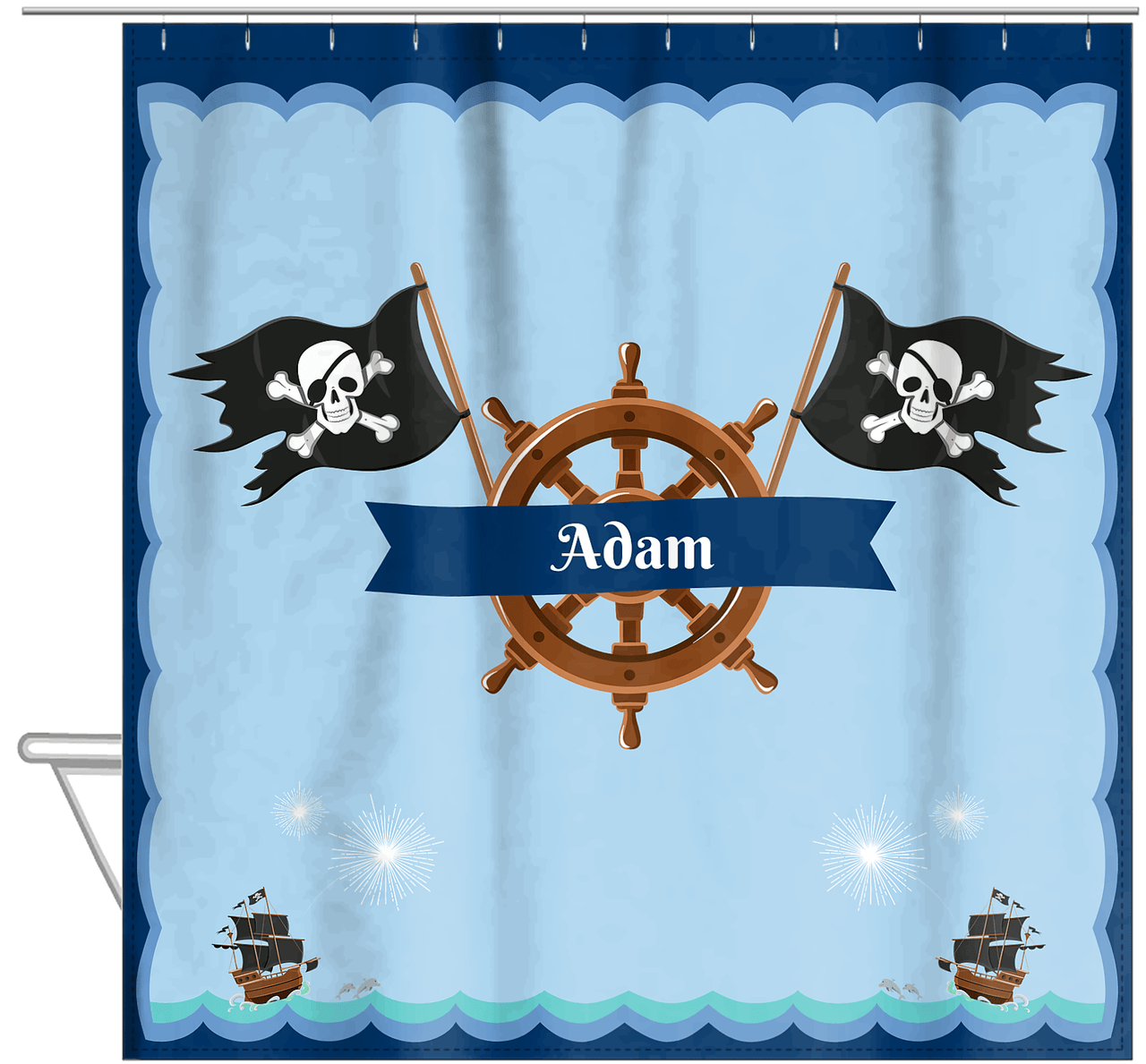 Personalized Pirate Shower Curtain XXVI - Ocean Ships - Blue Banner - Hanging View