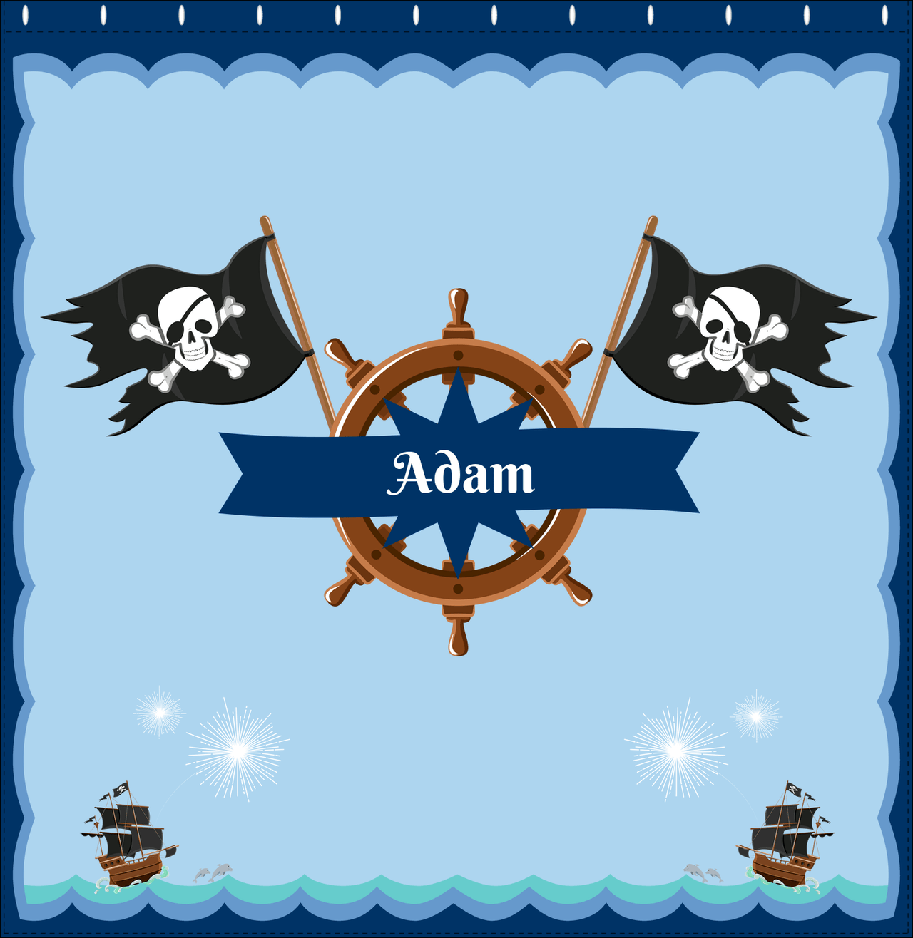 Personalized Pirate Shower Curtain XXVI - Ocean Ships - Blue Star Banner - Decorate View