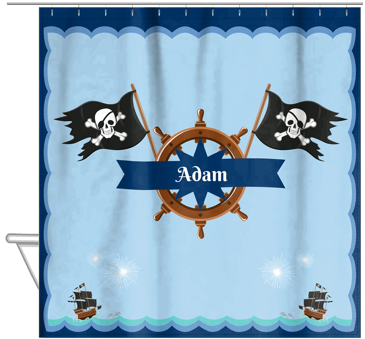 Personalized Pirate Shower Curtain XXVI - Ocean Ships - Blue Star Banner - Hanging View