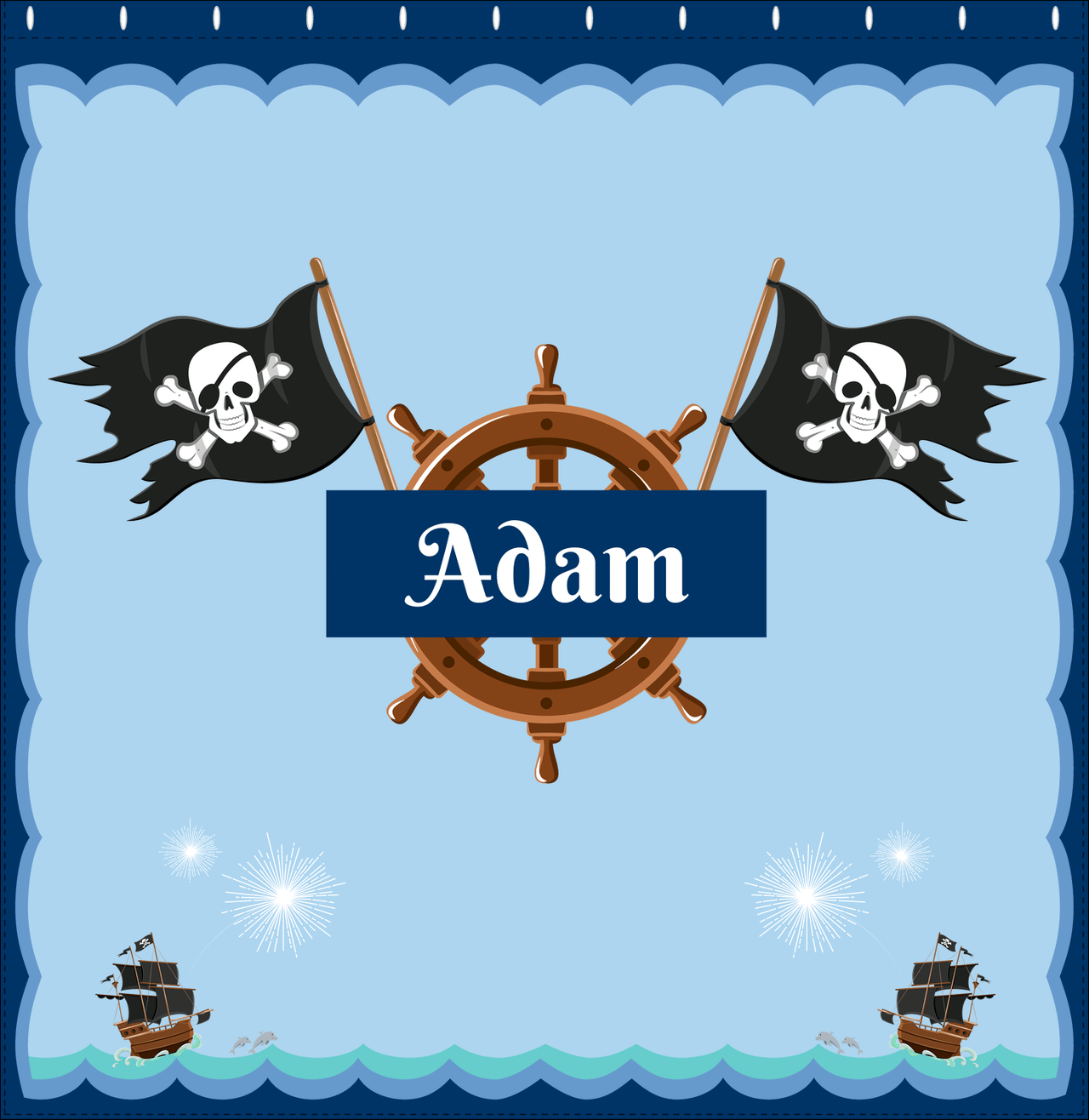 Personalized Pirate Shower Curtain XXVI - Ocean Ships - Blue Nameplate - Decorate View
