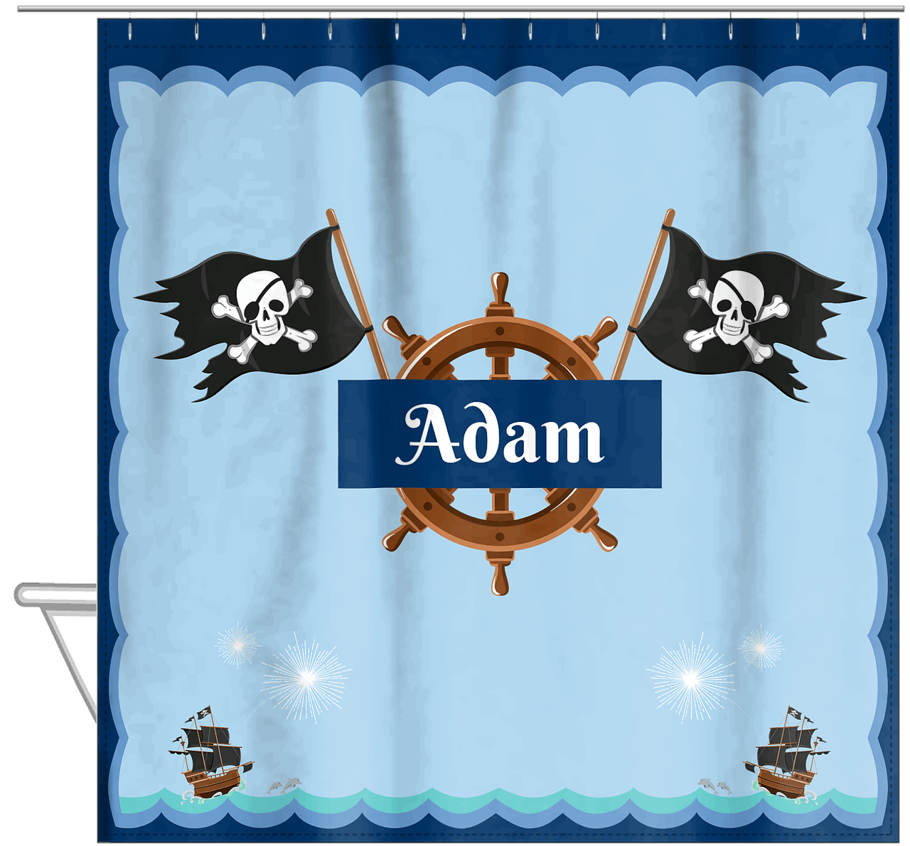 Personalized Pirate Shower Curtain XXVI - Ocean Ships - Blue Nameplate - Hanging View