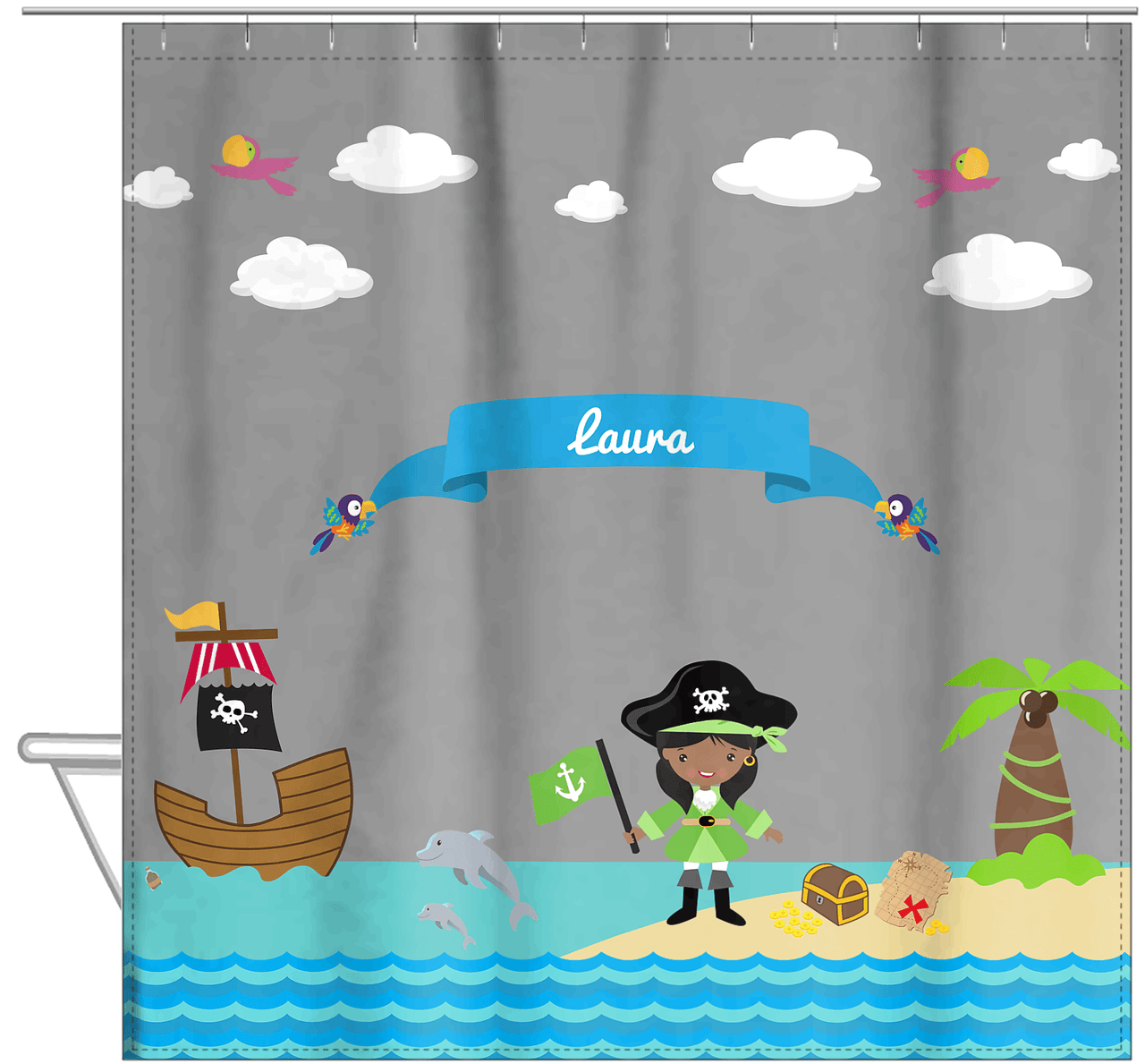 Personalized Pirate Shower Curtain I - Grey Background - Black Girl with Flag - Hanging View