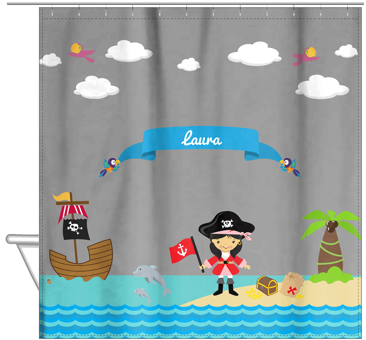 Personalized Pirate Shower Curtain I - Grey Background - Asian Girl with Flag - Hanging View