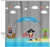 Thumbnail for Personalized Pirate Shower Curtain I - Grey Background - Asian Girl with Flag - Hanging View