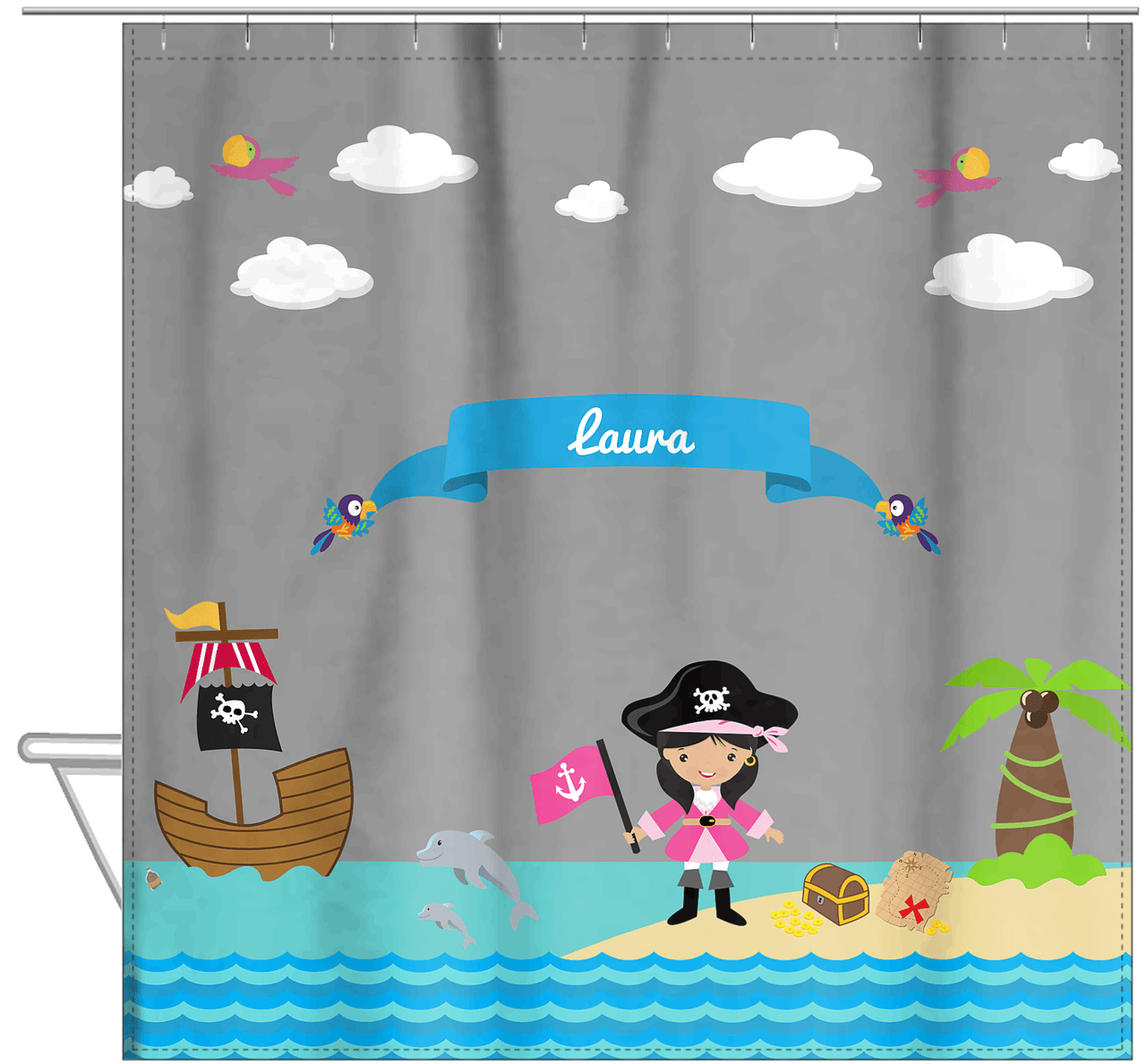 Personalized Pirate Shower Curtain I - Grey Background - Black Hair Girl with Flag - Hanging View
