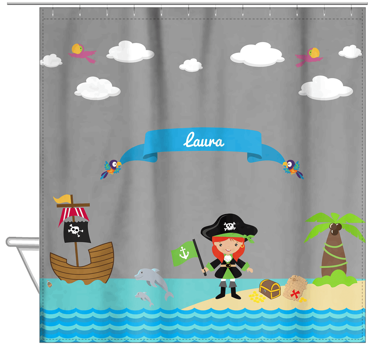 Personalized Pirate Shower Curtain I - Grey Background - Redhead Girl with Flag - Hanging View