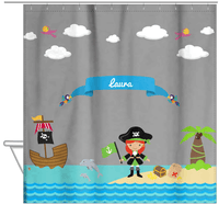 Thumbnail for Personalized Pirate Shower Curtain I - Grey Background - Redhead Girl with Flag - Hanging View