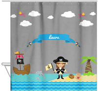 Thumbnail for Personalized Pirate Shower Curtain I - Grey Background - Brunette Girl with Flag - Hanging View