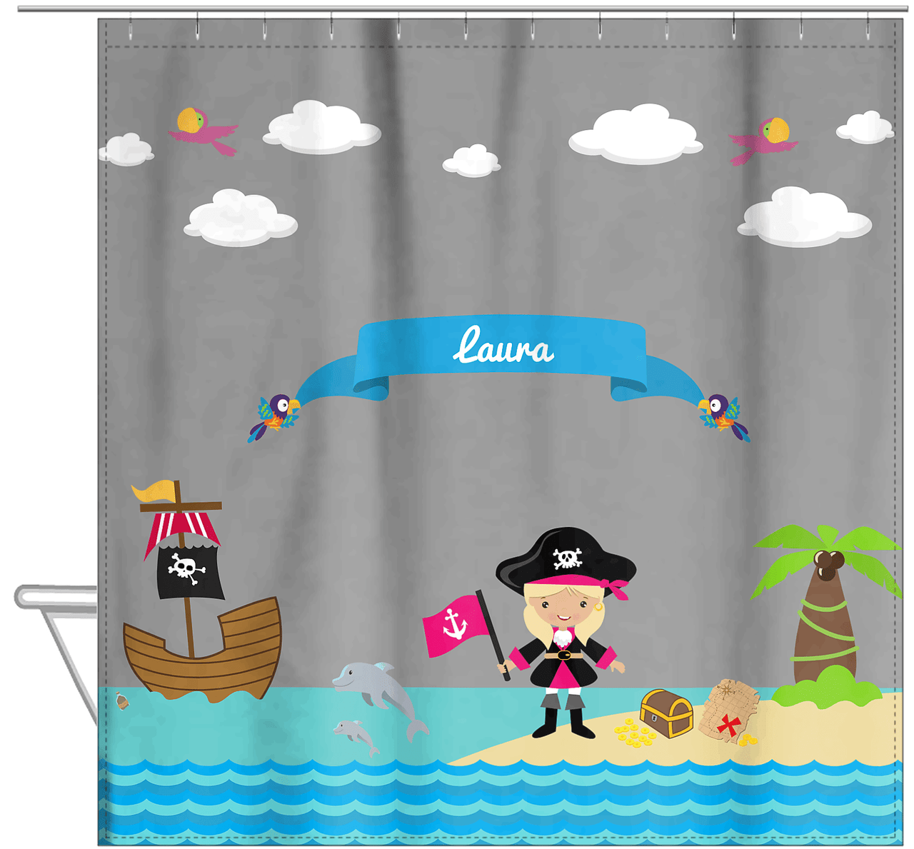Personalized Pirate Shower Curtain I - Grey Background - Blonde Girl with Flag - Hanging View