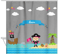 Thumbnail for Personalized Pirate Shower Curtain I - Grey Background - Blonde Girl with Flag - Hanging View