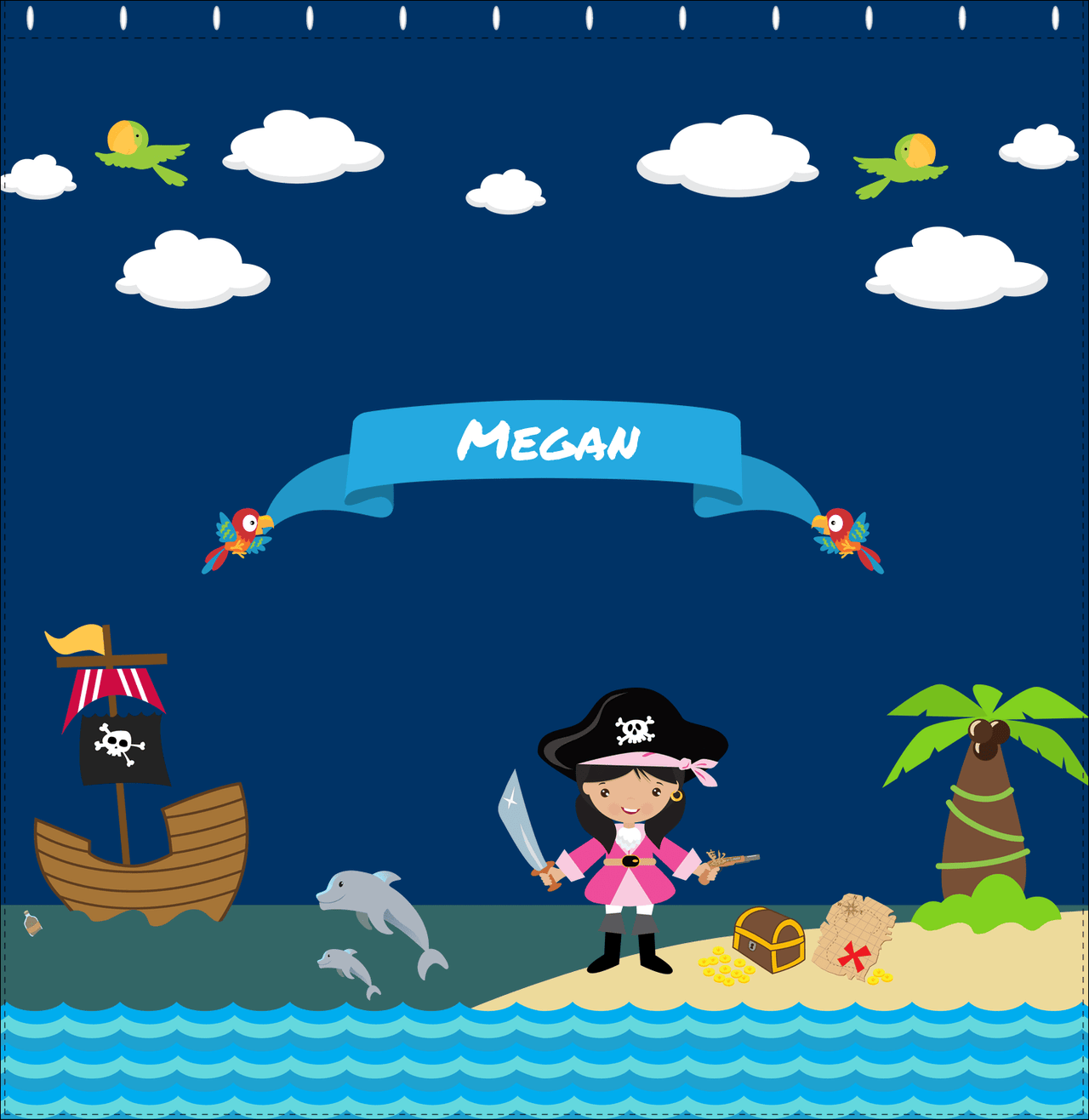 Personalized Pirate Shower Curtain II - Blue Background - Black Hair Girl with Sword - Decorate View