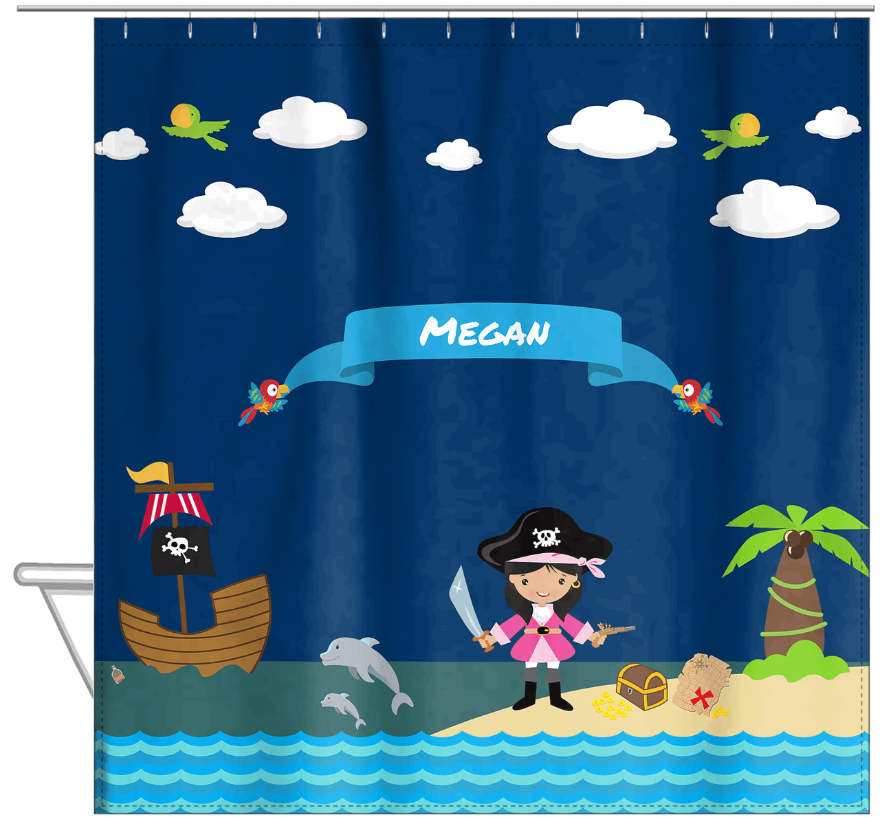 Personalized Pirate Shower Curtain II - Blue Background - Black Hair Girl with Sword - Hanging View