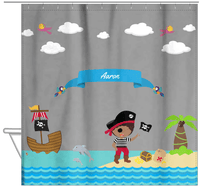 Thumbnail for Personalized Pirate Shower Curtain III - Grey Background - Black Boy with Flag - Hanging View