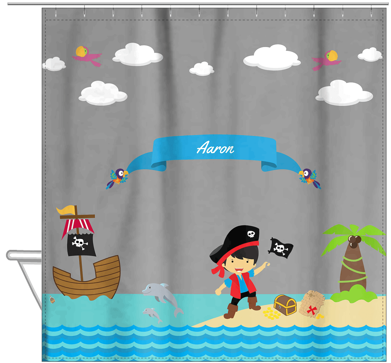 Personalized Pirate Shower Curtain III - Grey Background - Asian Boy with Flag - Hanging View