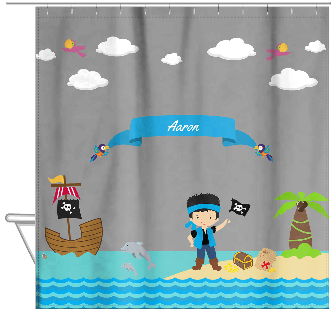 Personalized Pirate Shower Curtain III - Grey Background - Black Hair Boy with Flag - Hanging View
