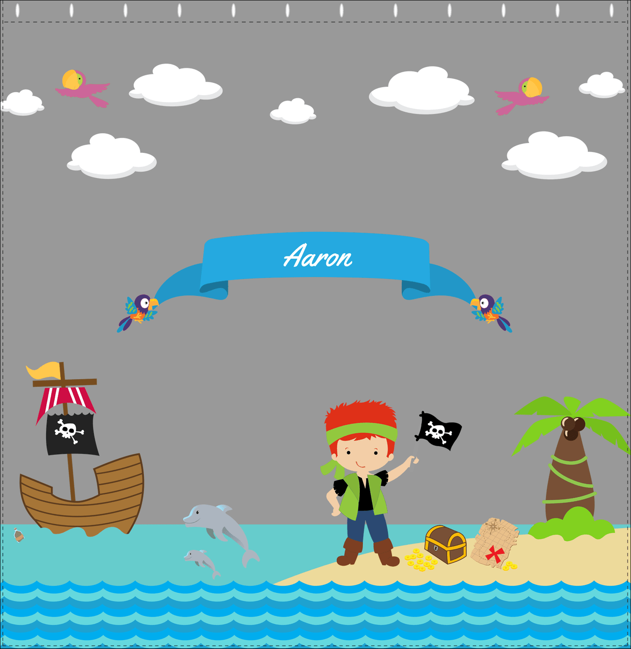 Personalized Pirate Shower Curtain III - Grey Background - Redhead Boy with Flag - Decorate View