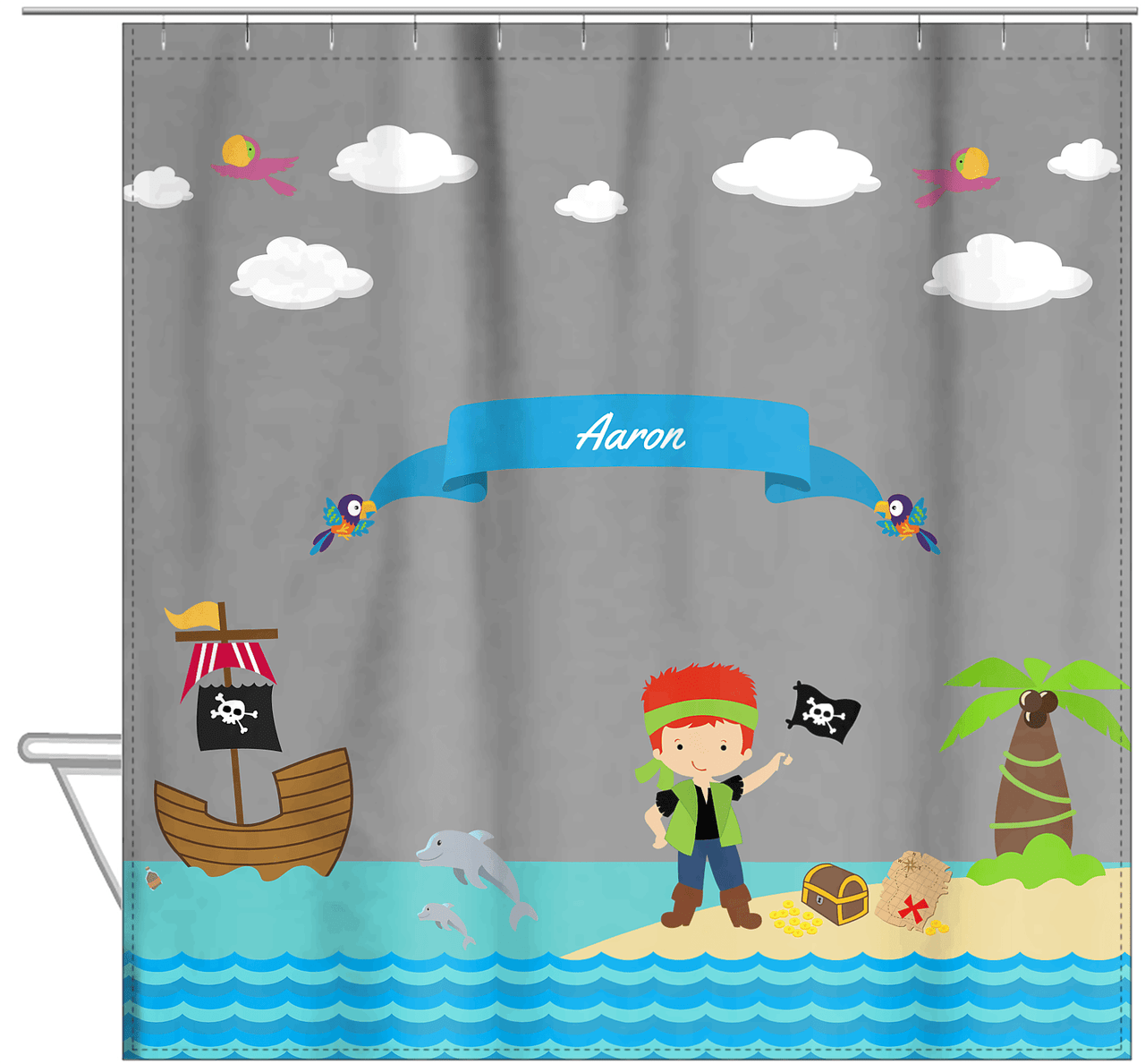 Personalized Pirate Shower Curtain III - Grey Background - Redhead Boy with Flag - Hanging View