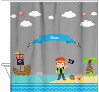 Thumbnail for Personalized Pirate Shower Curtain III - Grey Background - Redhead Boy with Flag - Hanging View
