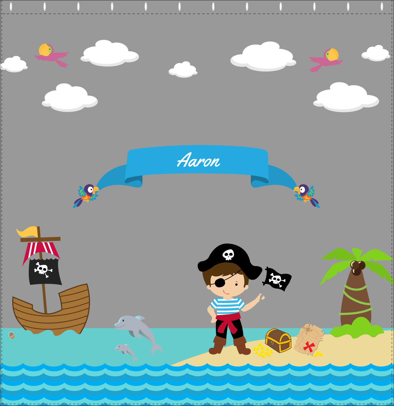 Personalized Pirate Shower Curtain III - Grey Background - Brown Hair Boy with Flag - Decorate View