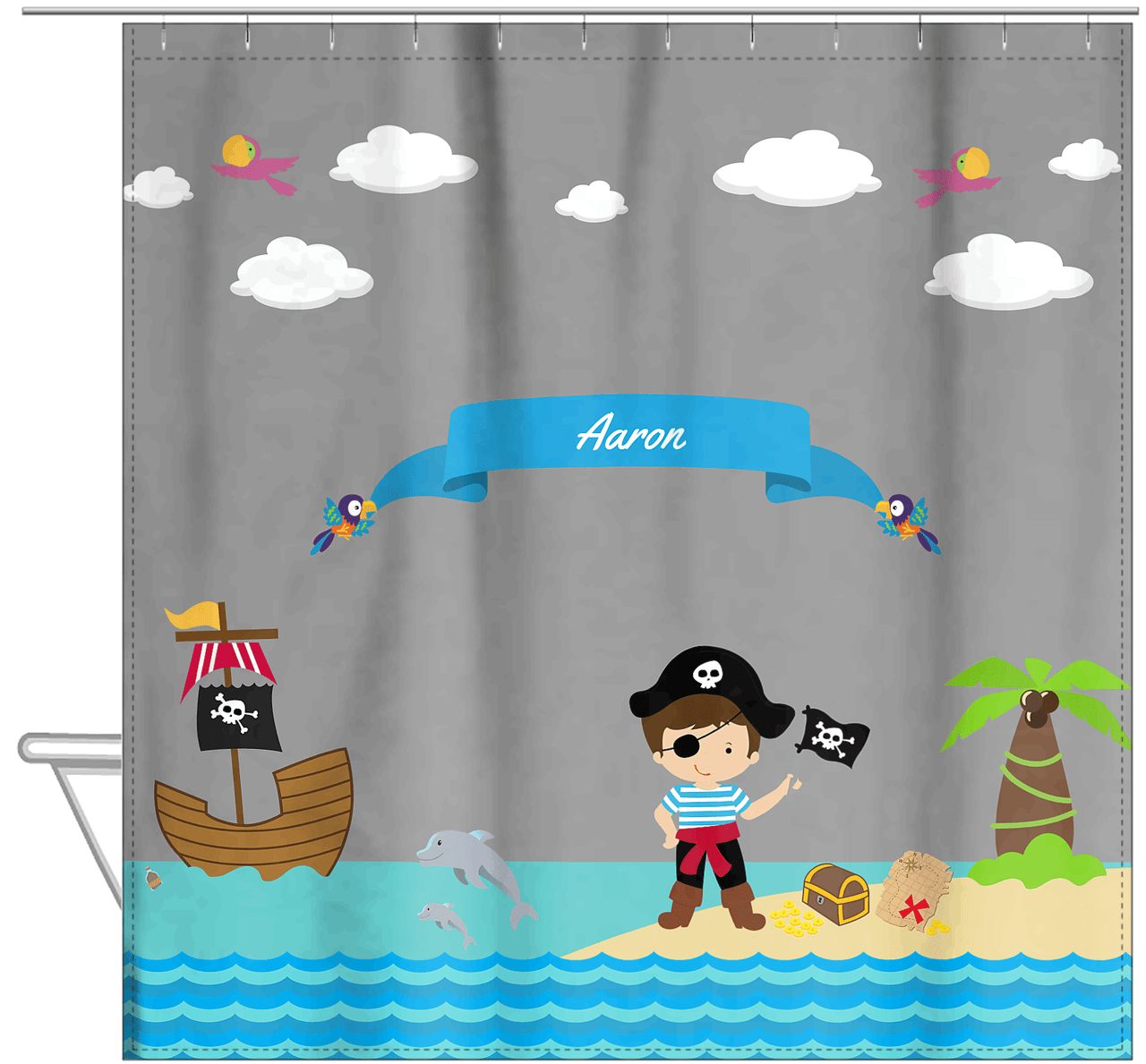 Personalized Pirate Shower Curtain III - Grey Background - Brown Hair Boy with Flag - Hanging View