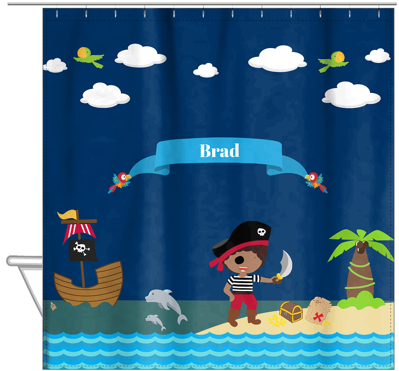 Personalized Pirate Shower Curtain IV - Blue Background - Black Boy with Sword - Hanging View