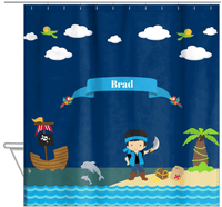 Thumbnail for Personalized Pirate Shower Curtain IV - Blue Background - Black Hair Boy with Sword - Hanging View