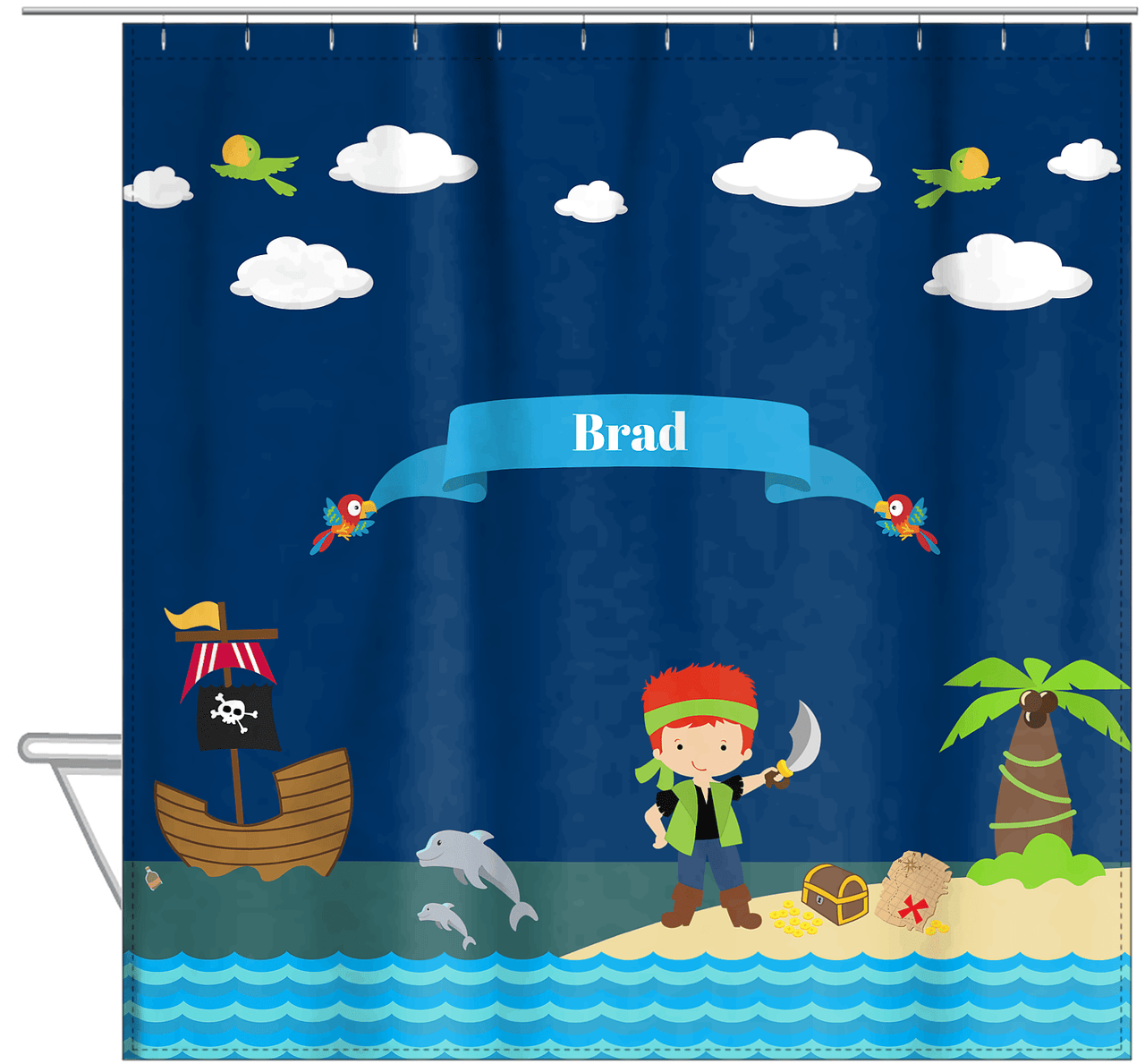 Personalized Pirate Shower Curtain IV - Blue Background - Redhead Boy with Sword - Hanging View