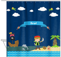 Thumbnail for Personalized Pirate Shower Curtain IV - Blue Background - Redhead Boy with Sword - Hanging View