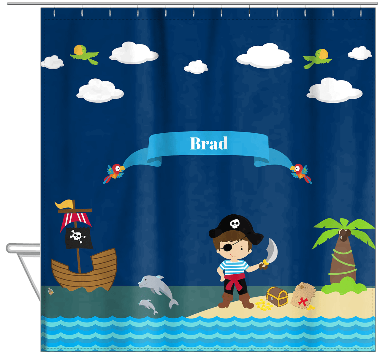 Personalized Pirate Shower Curtain IV - Blue Background - Brown Hair Boy with Sword - Hanging View