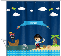 Thumbnail for Personalized Pirate Shower Curtain IV - Blue Background - Brown Hair Boy with Sword - Hanging View