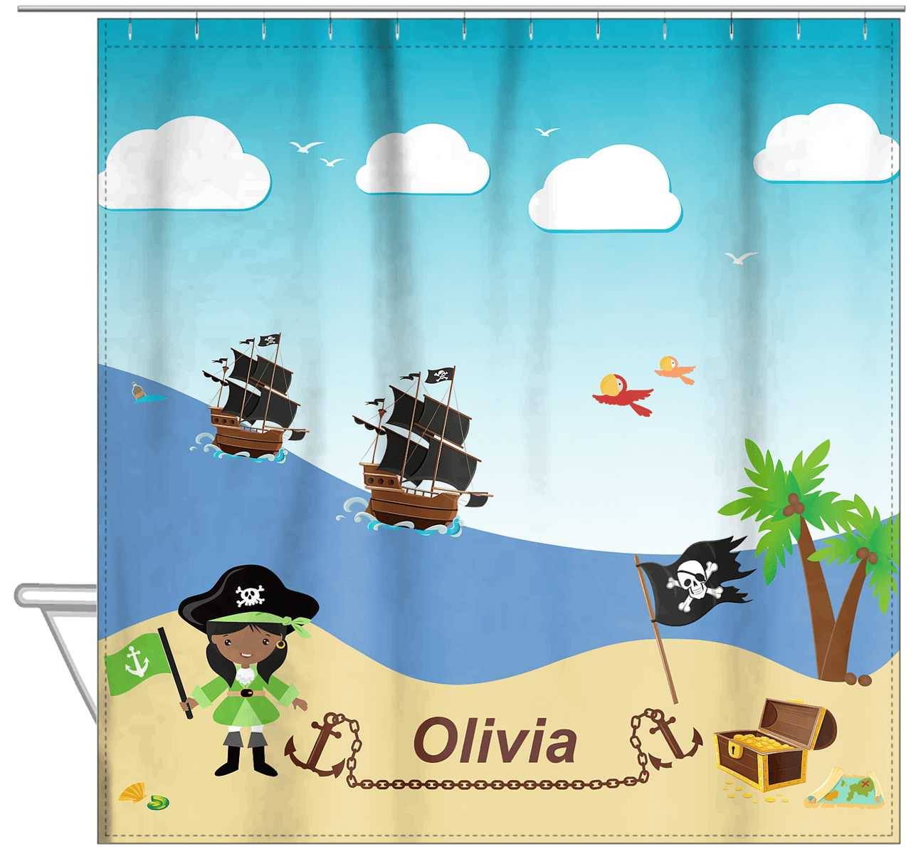 Personalized Pirate Shower Curtain V - Blue Background - Black Girl with Flag - Hanging View
