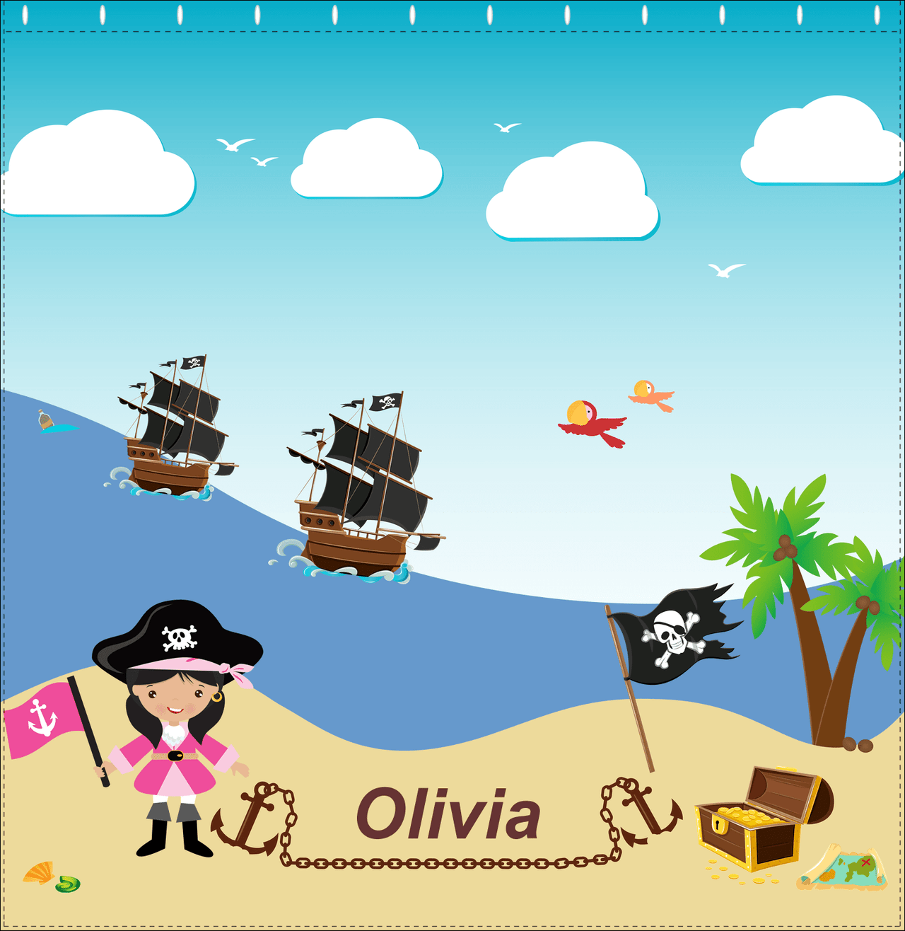 Personalized Pirate Shower Curtain V - Blue Background - Black Hair Girl with Flag - Decorate View