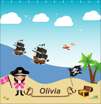 Thumbnail for Personalized Pirate Shower Curtain V - Blue Background - Black Hair Girl with Flag - Decorate View