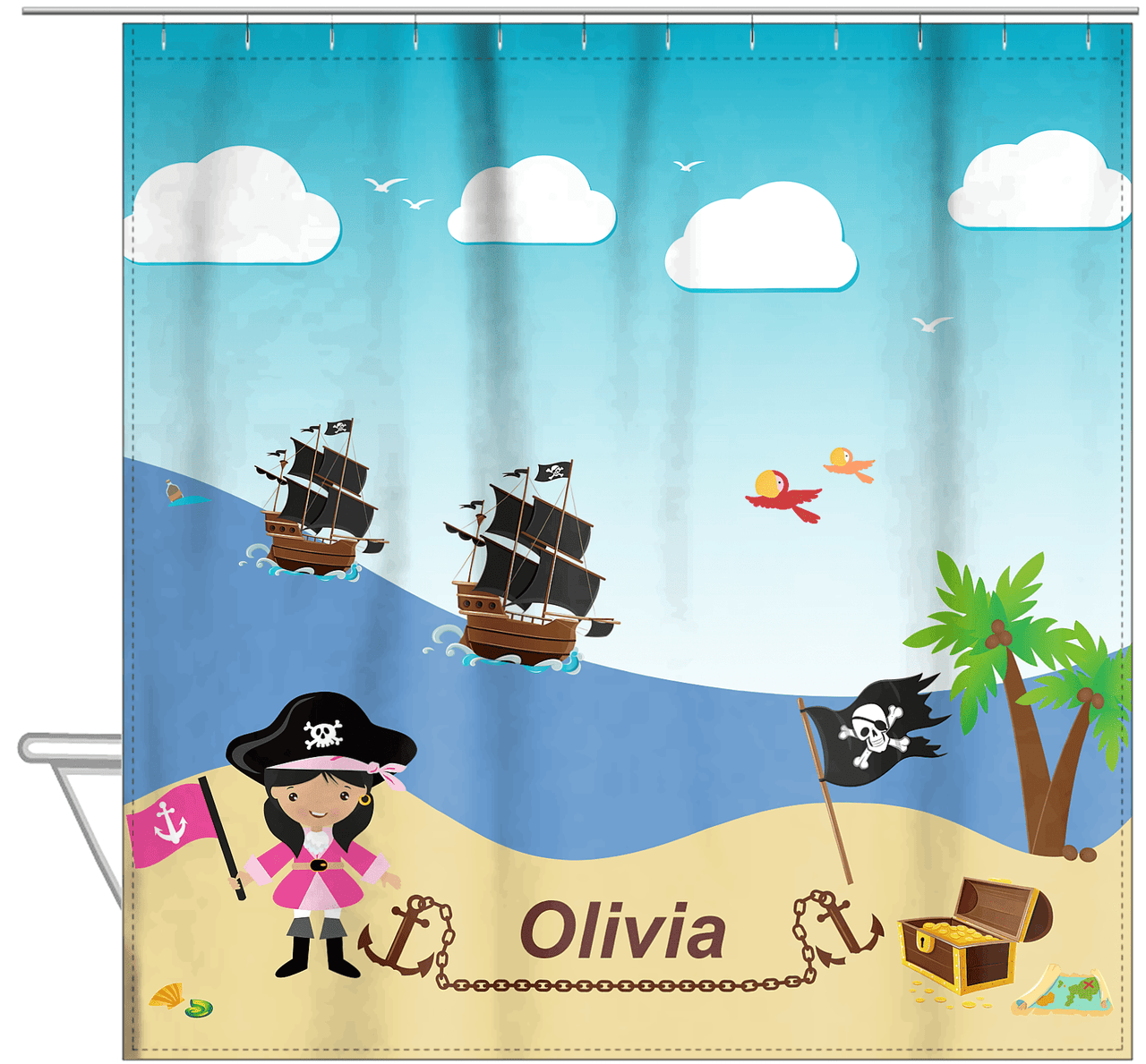 Personalized Pirate Shower Curtain V - Blue Background - Black Hair Girl with Flag - Hanging View
