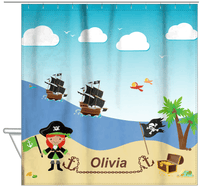 Thumbnail for Personalized Pirate Shower Curtain V - Blue Background - Redhead Girl with Flag - Hanging View