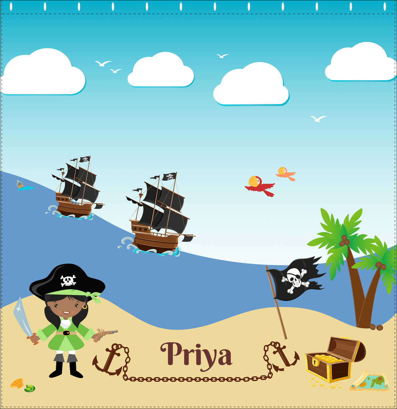 Personalized Pirate Shower Curtain VI - Blue Background - Black Girl with Sword - Decorate View