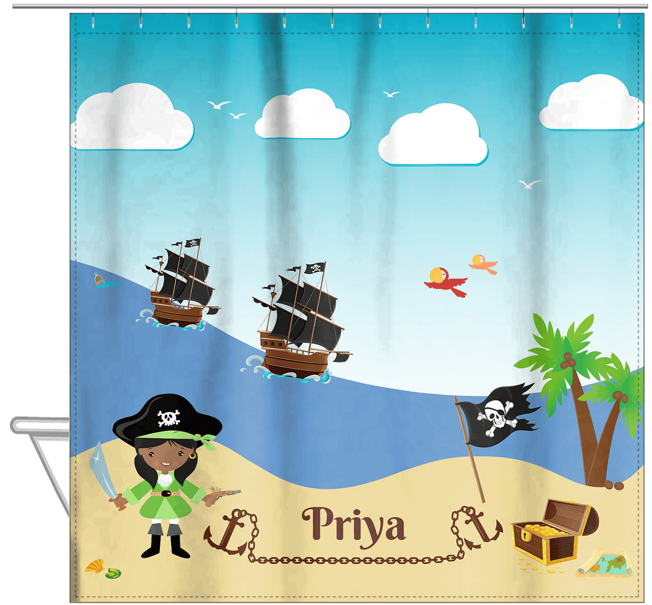 Personalized Pirate Shower Curtain VI - Blue Background - Black Girl with Sword - Hanging View